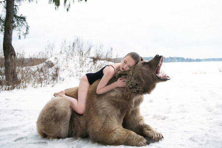 beruang, hutan, gadis, mengaum, musim dingin