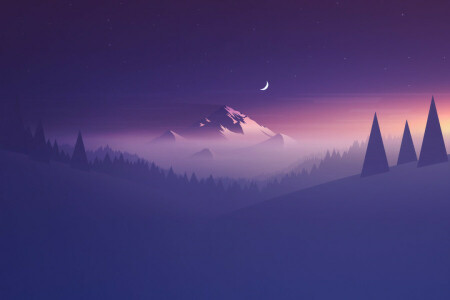 抽象, 极简主义, 月亮, 山, 紫色
