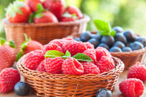 篮, 浆果, 蓝莓, 新鲜, 覆盆子, 草莓