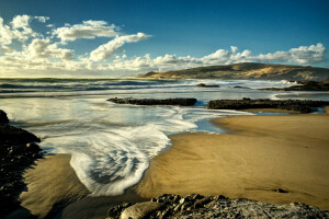 乌云, 海岸, 新西兰, 砂, 海, 石头, 冲浪, 天空