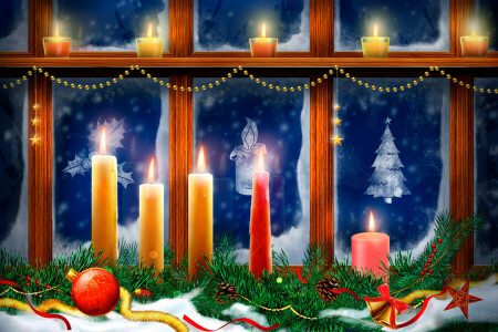 蜡烛, 圣诞, 装饰, 图案, 明信片, 向量, 窗口