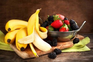 pisang, buah beri, BlackBerry, piring, buah, stroberi