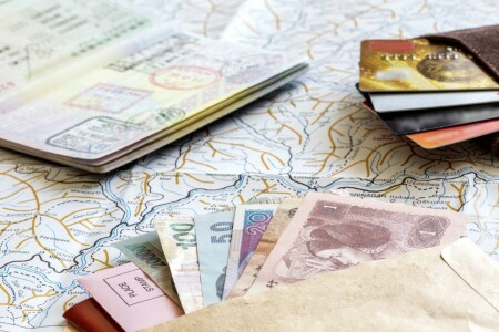 kartu kredit, peta, uang, paspor, pariwisata