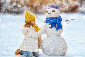 หมวก, เด็ก ๆ, สาว, แจ็คเก็ต, ปีใหม่, หิมะ, มนุษย์หิมะ, ฤดูหนาว