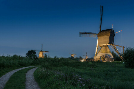 オランダ, 道路, 夜, 空, 風車