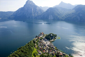 Austria, rumah, danau, gunung, panorama, pantai, pemandangan dari atas, Traunkirchen