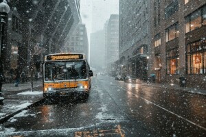 xe buýt, nhà ở, tuyết, đường phố, cây