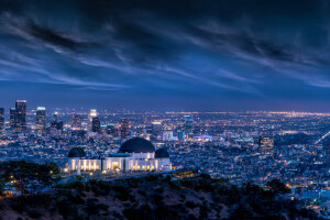 建筑, 市容, 乌云, 曝光, 格里菲斯天文台, 洛杉矶, 闪电, 灯