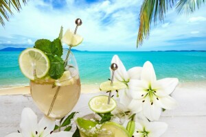 pantai, koktail, minum, bunga-bunga, segar, buah, telapak tangan, musim panas