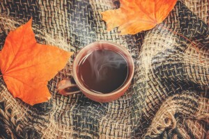 一杯咖啡, 秋季, 咖啡杯, 树叶, 格子, 木