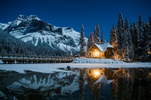 แคนาดา, บ้าน, ไฟ, ภูเขา, กลางคืน, ฤดูหนาว