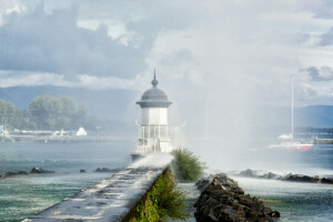 湖, 日内瓦湖, 灯塔, 雨, 喷出, 瑞士