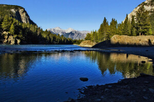 แบมฟ์, อุทยานแห่งชาติ Banff, แคนาดา, ป่า, ทะเลสาป, ภูเขา, โขดหิน, ฝั่งทะเล