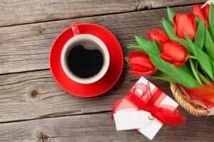 ช่อดอกไม้, กาแฟ, ถ้วย, ดอกไม้, ของขวัญ, ความรัก, สีแดง, โรแมนติก