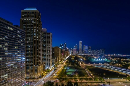 bangunan, Chicago, Harbour Square, Il, Illinois, lampu, kota malam, jalan