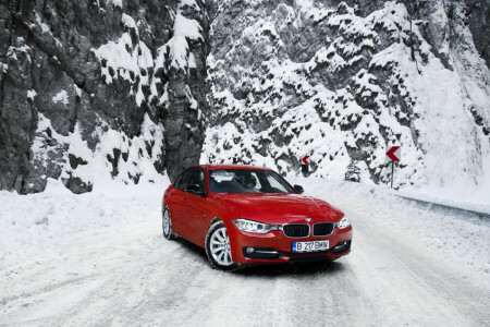 320d, BMW, F30, gunung, merah, jalan, salju, 3 seri