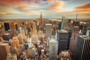 건물, 도심, 뉴욕, 뉴욕시, 고층 빌딩, 일몰, 도시, 미국