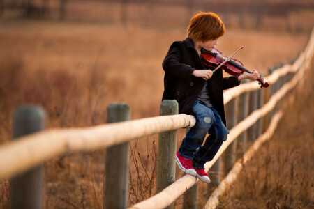 男孩, 音乐, 栅栏, 小提琴