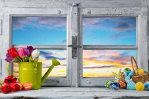 dekorasi, Paskah, telur, bunga-bunga, senang, musim semi, tulip, jendela