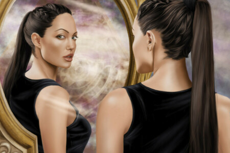 aktris, Angelina Jolie, seni, wajah, gadis, Lara Croft, Lihat, cermin