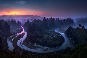 Cina, pagi, sungai, malam