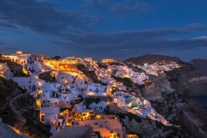 Yunani, rumah, pulau, lampu, malam, Santorini
