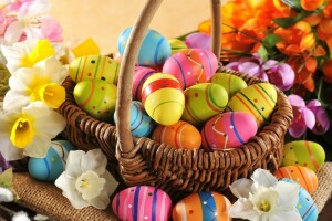 penuh warna, Paskah, telur, bunga-bunga, senang, liburan, musim semi, kayu