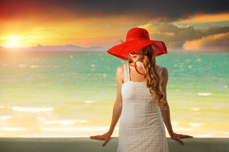 ドレス, 帽子, モデル, 海, 日没