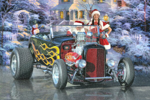 Mobil klasik, liburan, batang panas, gadis, Tahun baru, Sinterklas, musim dingin