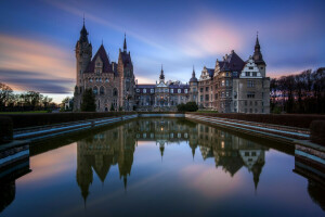 Kastil, Fajar, Moszna, foto, Polandia, kolam, matahari terbenam, kota