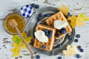 ฤดูใบไม้ร่วง, ผลเบอร์รี่, บลูเบอร์รี่, อาหารเช้า, น้ำผึ้ง, ไอศครีม, ใบไม้, ไอศกรีมใส่ผลไม้