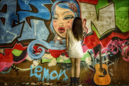 女孩, 涂鸦, 吉他, 壁