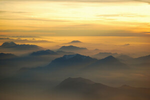阿尔卑斯山, 多雾路段, 意大利, 光, 早上, 山脉