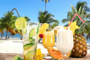 bờ biển, cocktail, uống, tươi, trái cây, lòng bàn tay, nhiệt đới