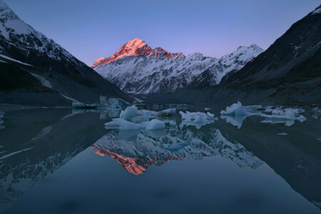 冰, 湖, 光, 库克山, 山脉, 新西兰, 高峰, 反射