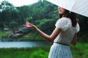con gái, mưa, ô