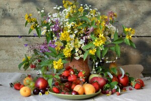 táo, quả mơ, quả mọng, bó hoa, quả anh đào, những bông hoa, trái cây, nho