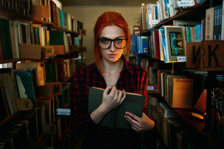 雀斑, 女孩, 眼镜, 你好书, 图书馆, 聪明, 美丽