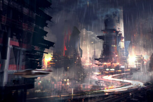 未来, 大都市, 黑色, 雨, 摩天大楼, 城市