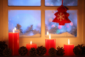 양초, 크리스마스, 장식, 칸델라, 빛, 명랑한, 새해, 눈