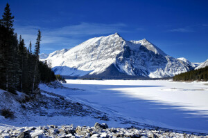 Es, danau, gunung, salju, merapikan, langit, pohon, musim dingin