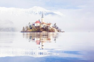 Bled, Gereja, rumah, pulau, danau, gunung, Slovenia, salju