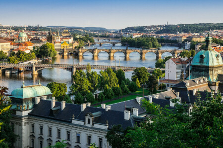 jembatan, Republik Ceko, rumah, panorama, Praha, langit, Sungai Vltava