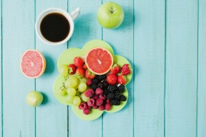 장과, 아침밥, 커피, 과일, 포도