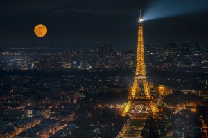 埃菲尔铁塔, 法国, 灯, 夜城, 全景图, 巴黎, 月亮