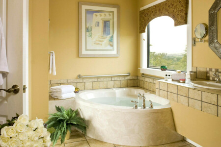 การอาบน้ำ, ห้องอาบน้ำ, ดอกไม้, กระจกเงา, ภาพ, จม, หน้าต่าง