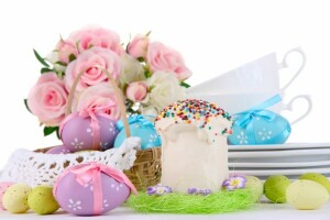 cái rổ, bó hoa, bánh ngọt, lễ Phục sinh, trứng, những bông hoa, hoa hồng
