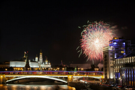 Jembatan, Moskow, malam, sungai, Rusia, salut, KREMLIN