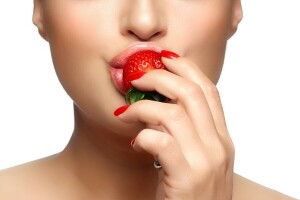 背景, 面对, 女孩, 手, 嘴唇, 草莓