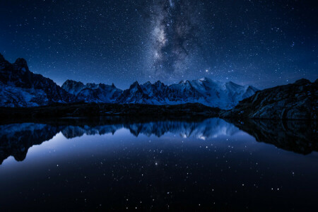 hồ, gương, núi, phản ánh, không gian, sao, cách thức sữa
